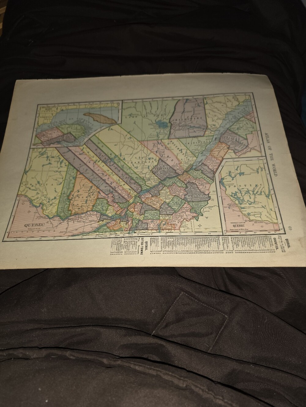 antique vintage, color-coded county map of Quebec, Canada,
